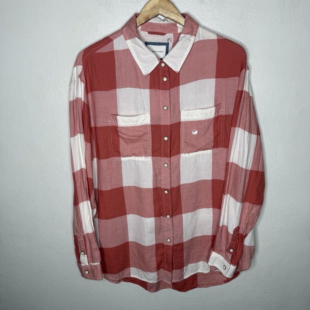 New American Eagle Pink Flannel Plaid Snap Up Shirt Womens Medium Cabincore